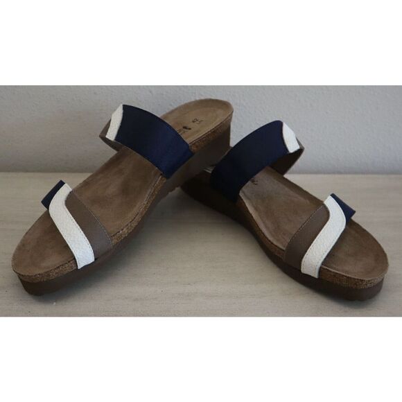 Naot Women's Sz 42 US 11 White/Blue/Khaki Leather Frankie Slide Sandals $140 - Picture 5 of 8